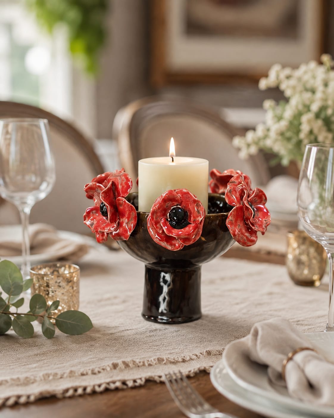 Red Poppy Ceramic Centrepiece & Candle Holder | InchyArt