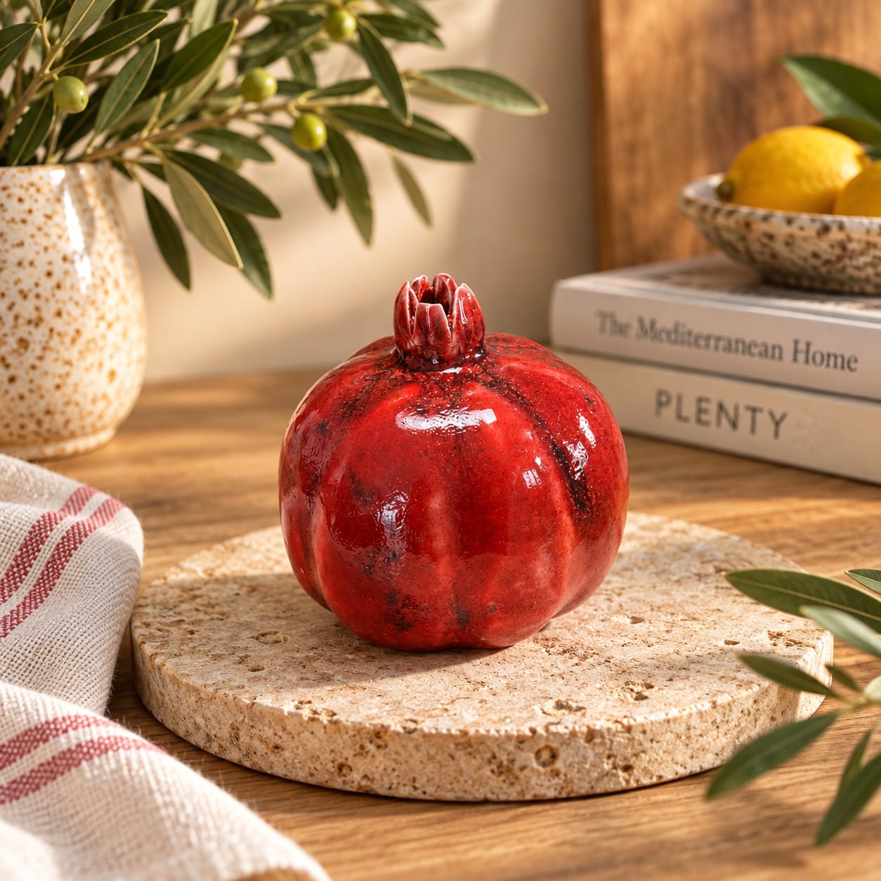 Handmade Red Ceramic Pomegranate | Decorative Pottery | InchyArt