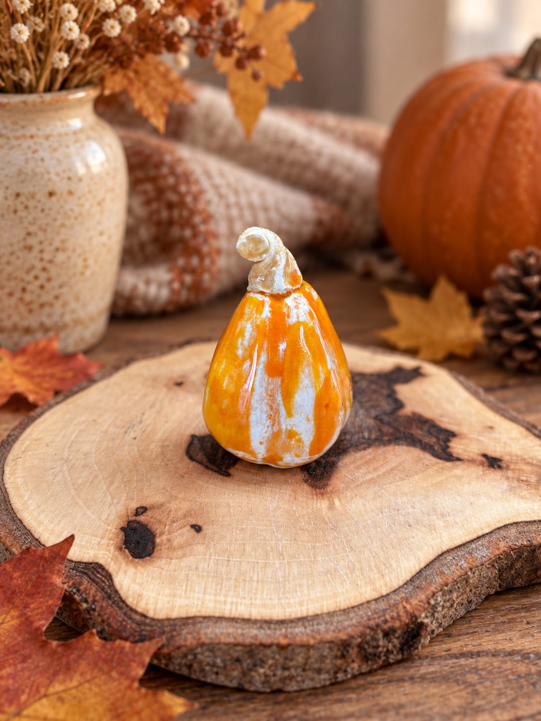 Shop this handmade orange ceramic pumpkin by InchyArt. A unique 10 × 8 cm autumn decoration, perfect for shelves, tables, seasonal displays and handmade gifts.