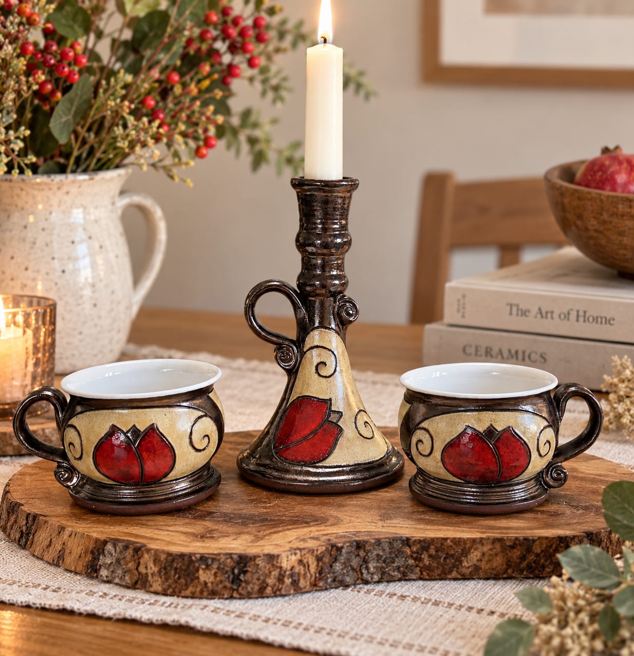 Handmade ceramic Christmas gift set with two cups and a candle holder. A unique artisan pottery gift for festive home décor, cosy evenings and thoughtful gifting.