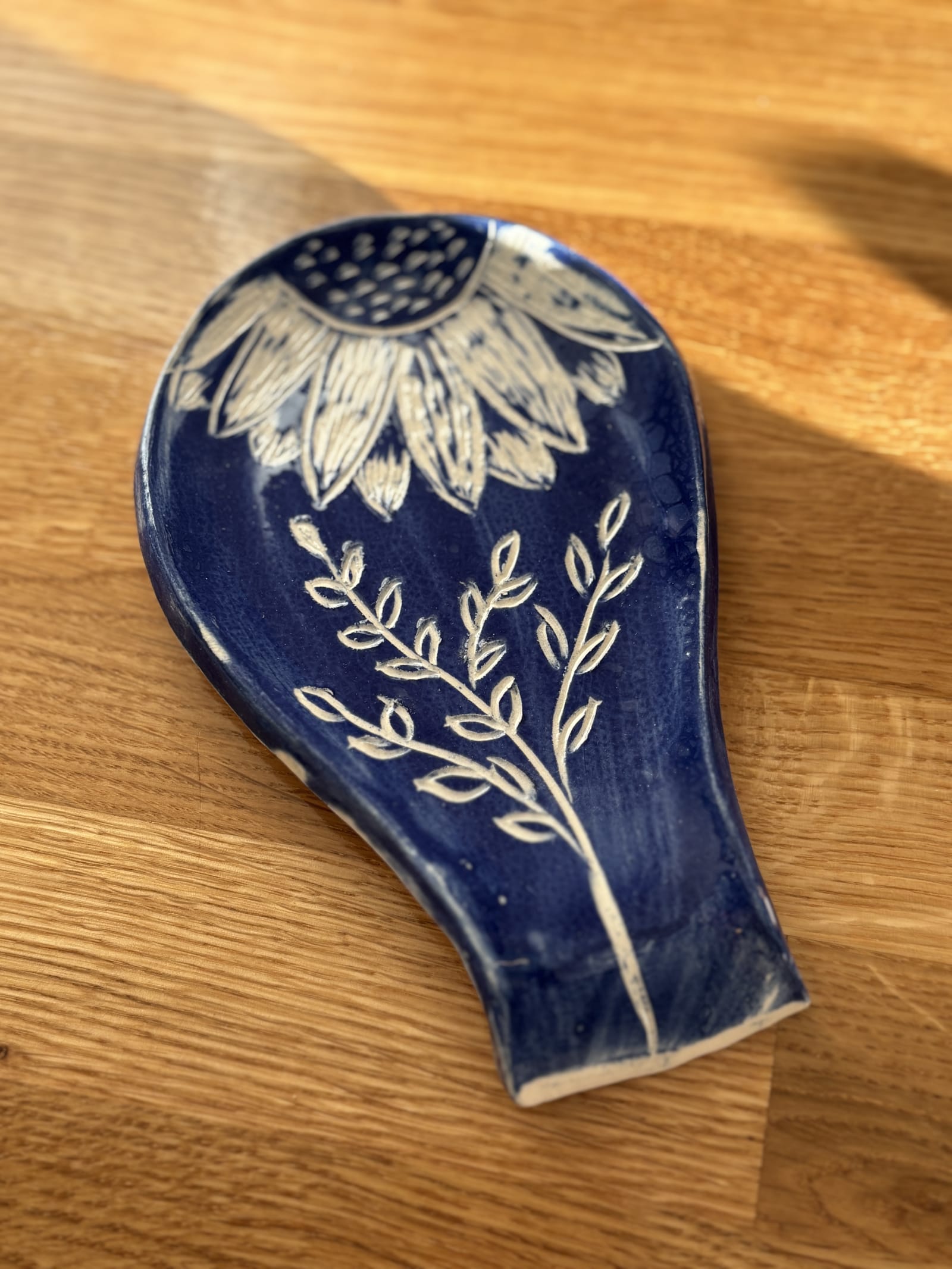 Handmade Ceramic Spoon Rest | Blue Floral Pottery Kitchen Rest | InchyArt