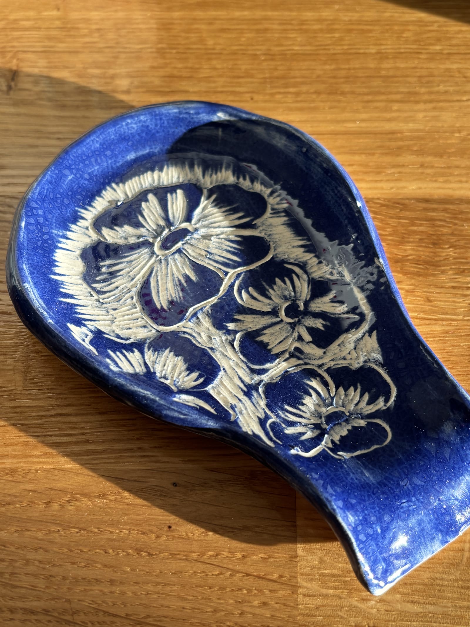 Blue Floral Ceramic Spoon Rest | Handmade Pottery | InchyArt