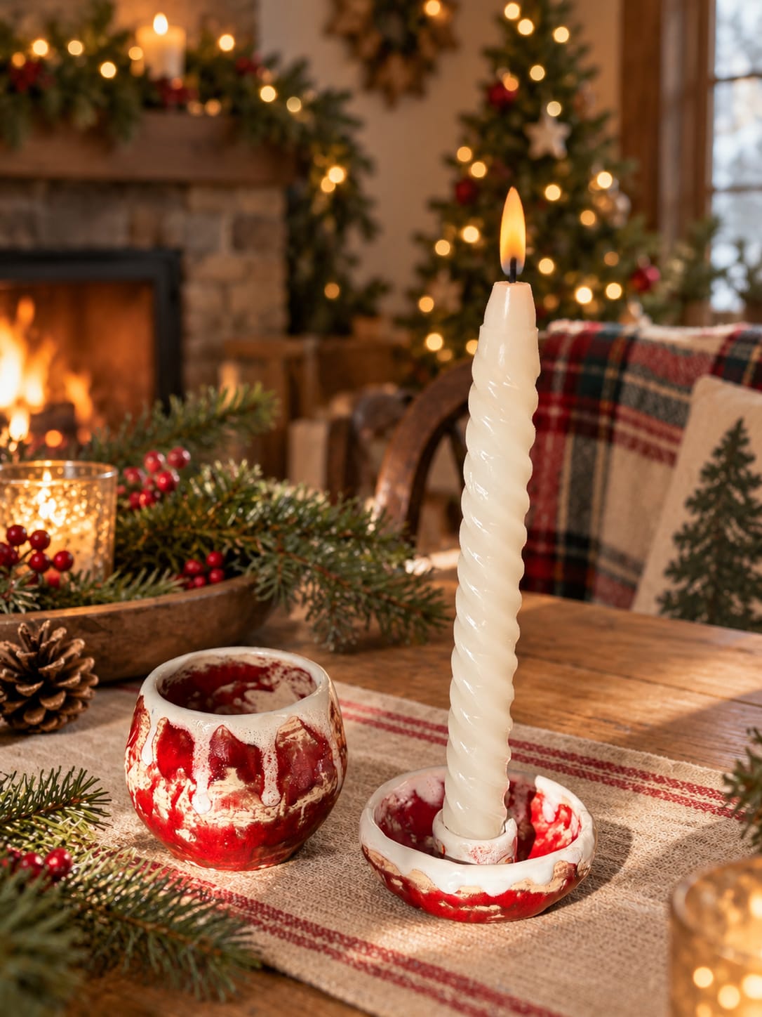 Discover a handmade red and white ceramic candle holder and mini pot set. Unique Christmas table décor and a thoughtful artisan pottery gift from InchyArt.