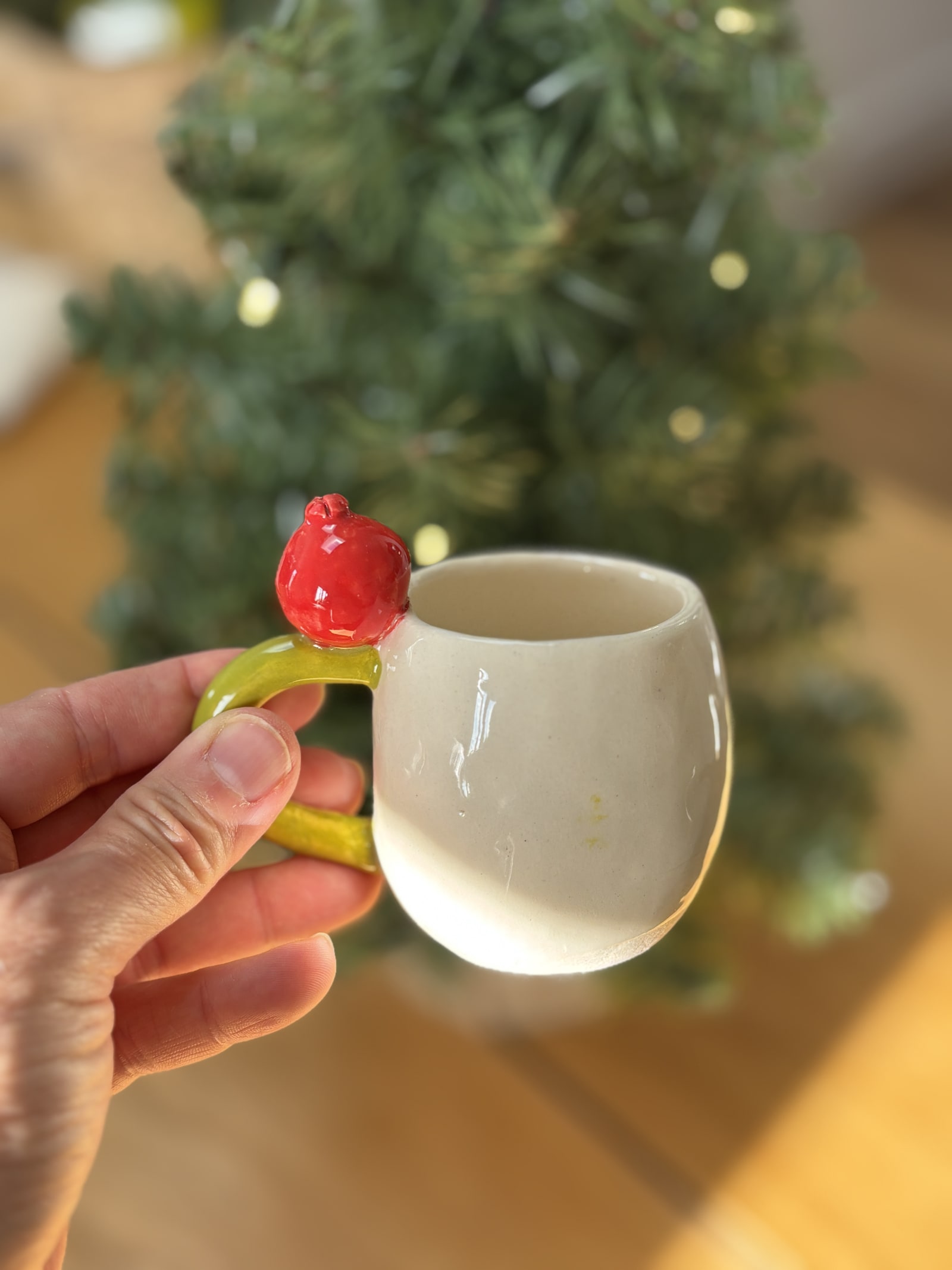 handmade ceramic espresso cup, 90ml, featuring a colourful pomegranate handle. A unique coffee cup and thoughtful gift for espresso lovers.