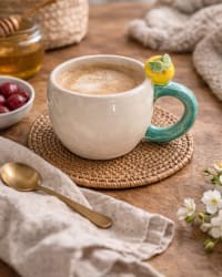 Cream ceramic mug with a sculpted yellow lemon resting on the turquoise-coloured handle