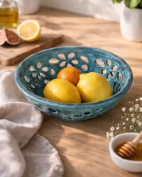 Overhead view showing the openwork floral pattern inside the turquoise bowl