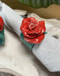 Handmade Ceramic Rose Napkin Rings – Red Floral Set of 4 – view 2