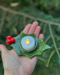 Handmade Ceramic Holly Tealight Holder – Christmas Candle Holder with Red Berries – view 7