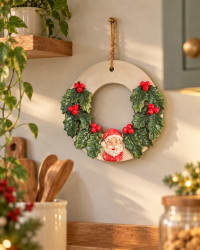 Handmade Ceramic Christmas Wreath | Santa Holly 16cm | InchyArt