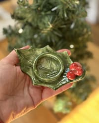 Handmade Ceramic Holly Tealight Holder – Christmas Candle Holder with Red Berries – view 8