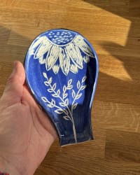 Handmade Blue Floral Ceramic Spoon Rest – Sunflower Pottery Kitchen Rest – view 5