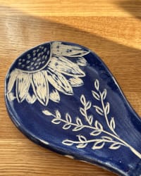 Handmade Blue Floral Ceramic Spoon Rest – Sunflower Pottery Kitchen Rest – view 4