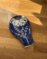Handmade Blue Floral Ceramic Spoon Rest – Sunflower Pottery Kitchen Rest – view 3