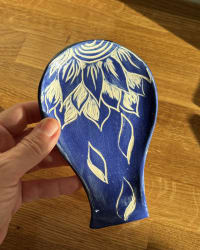 Handmade Blue Floral Ceramic Spoon Rest – Botanical Pottery Kitchen Rest – view 2