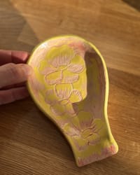 Handmade Yellow Floral Ceramic Spoon Rest – Pink Flower Pottery Kitchen Utensil Holder – view 4