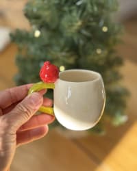 handmade ceramic espresso cup, 90ml, featuring a colourful pomegranate handle. A unique coffee cup and thoughtful gift for espresso lovers.