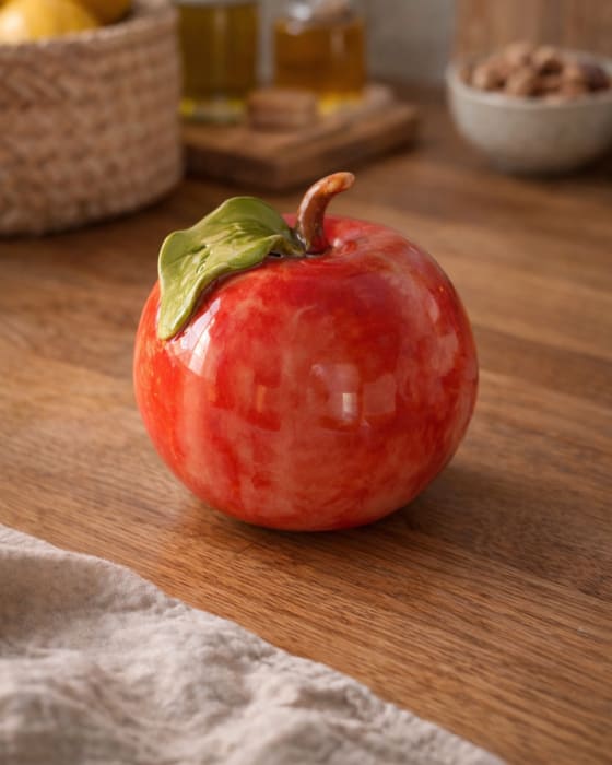 Ceramic apple sculpture with smooth glazed surface and natural organic curves, approximately 14cm tall