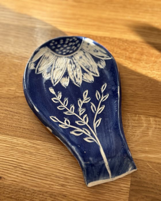 Handmade Ceramic Spoon Rest | Blue Floral Pottery Kitchen Rest | InchyArt