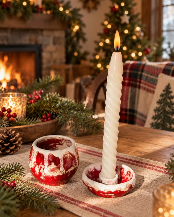 Discover a handmade red and white ceramic candle holder and mini pot set. Unique Christmas table décor and a thoughtful artisan pottery gift from InchyArt.