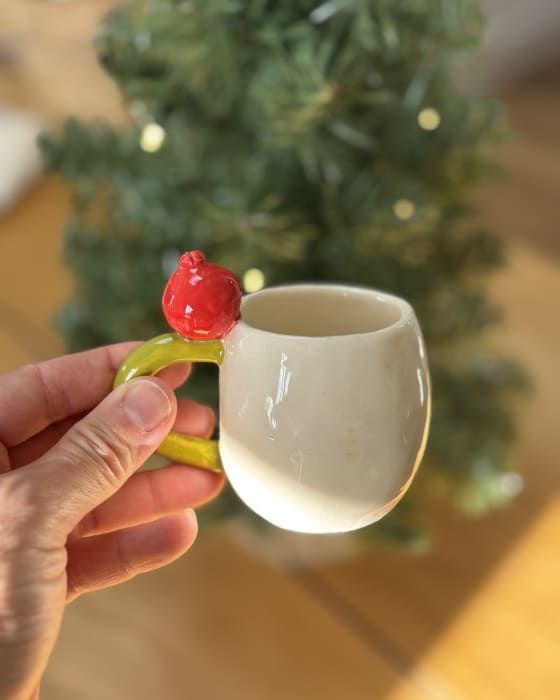 handmade ceramic espresso cup, 90ml, featuring a colourful pomegranate handle. A unique coffee cup and thoughtful gift for espresso lovers.