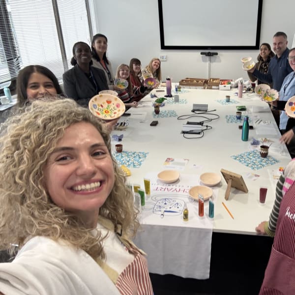 A creative lunchtime team-building workshop where colleagues painted handmade ceramic bowls with floral and lemon-inspired designs. The session offered a relaxed opportunity to connect, get creative and take home a personalised bowl.
