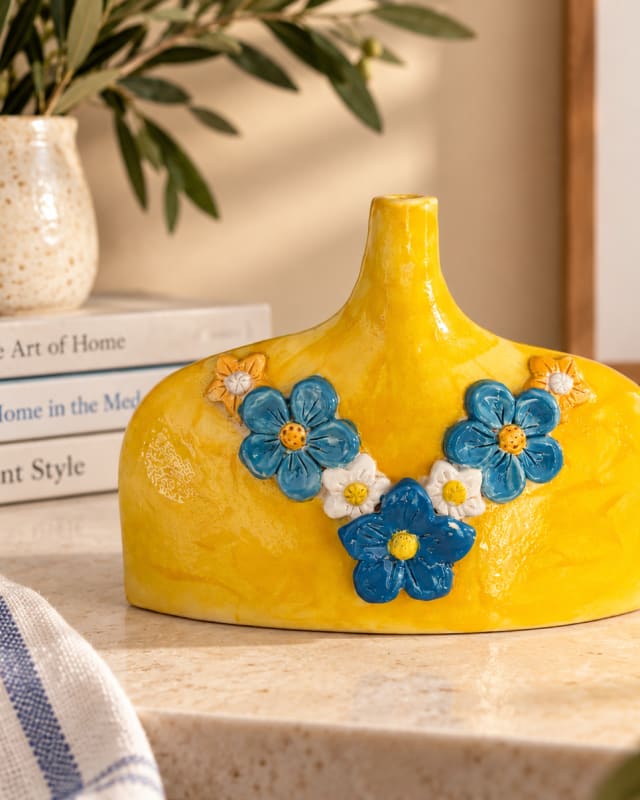 Handmade Yellow Ceramic Flower Vase with Blue Floral Detail