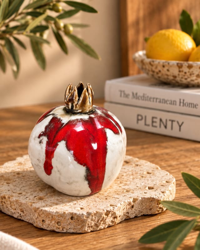Handmade Red & White Ceramic Pomegranate – Decorative Pomegranate Sculpture