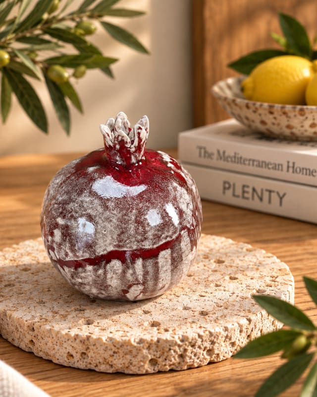 Large Handmade Ceramic Pomegranate – Red & White Decorative Sculpture
