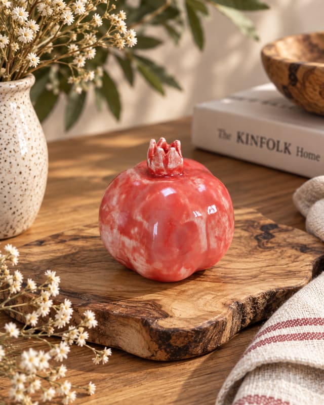 Handmade Coral Red Ceramic Pomegranate – One-of-a-Kind Home Decor