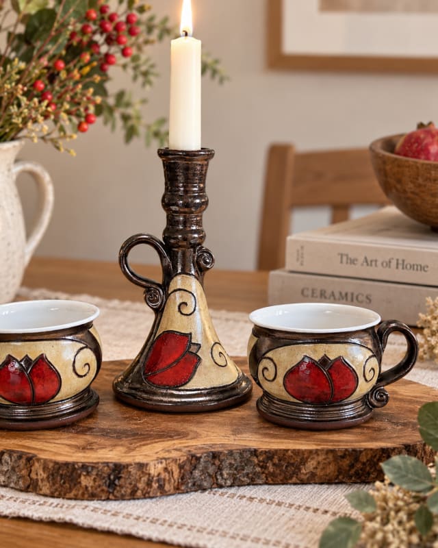 Handmade Ceramic Christmas Gift Set – Two Cups & Candle Holder