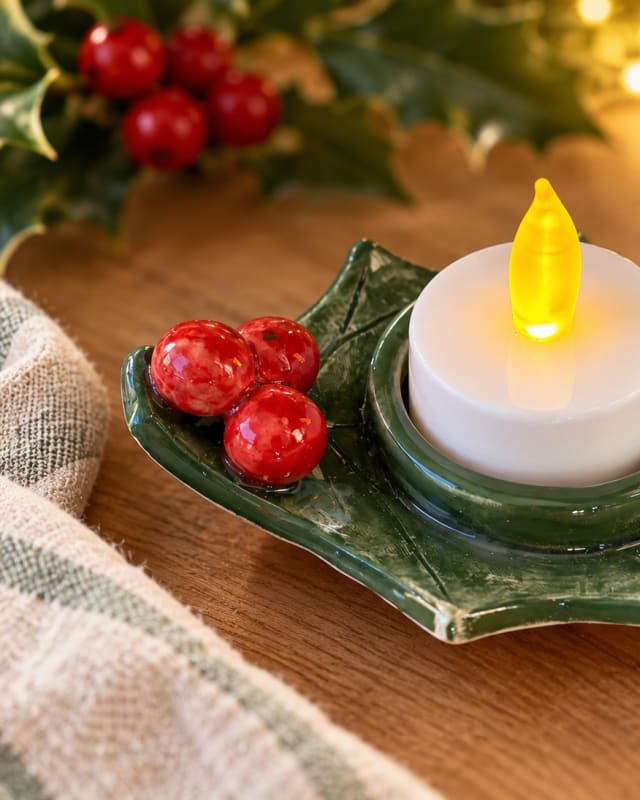 Handmade Ceramic Holly Tealight Holder – Christmas Candle Holder with Red Berries