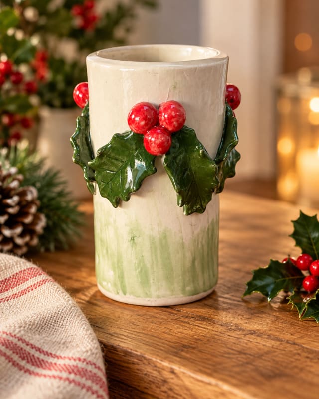 Handmade Ceramic Holly Vase – Christmas Pottery Vase with Red Berries
