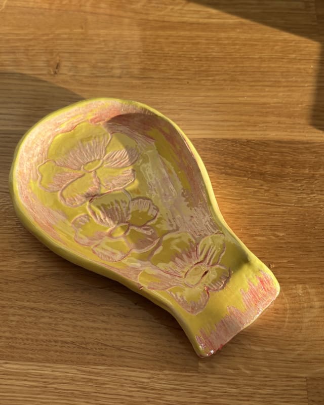 Handmade Yellow Floral Ceramic Spoon Rest – Pink Flower Pottery Kitchen Utensil Holder