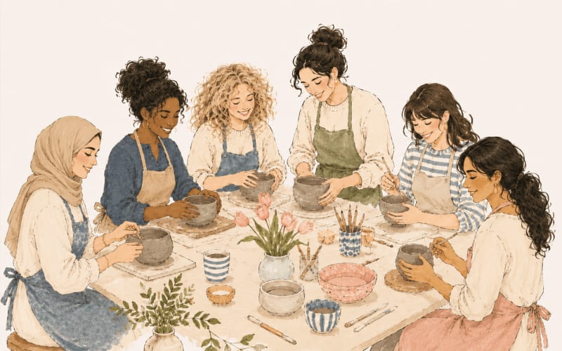 Participants hand-building and decorating ceramics together at an InchyArt group pottery class in Wimbledon, London