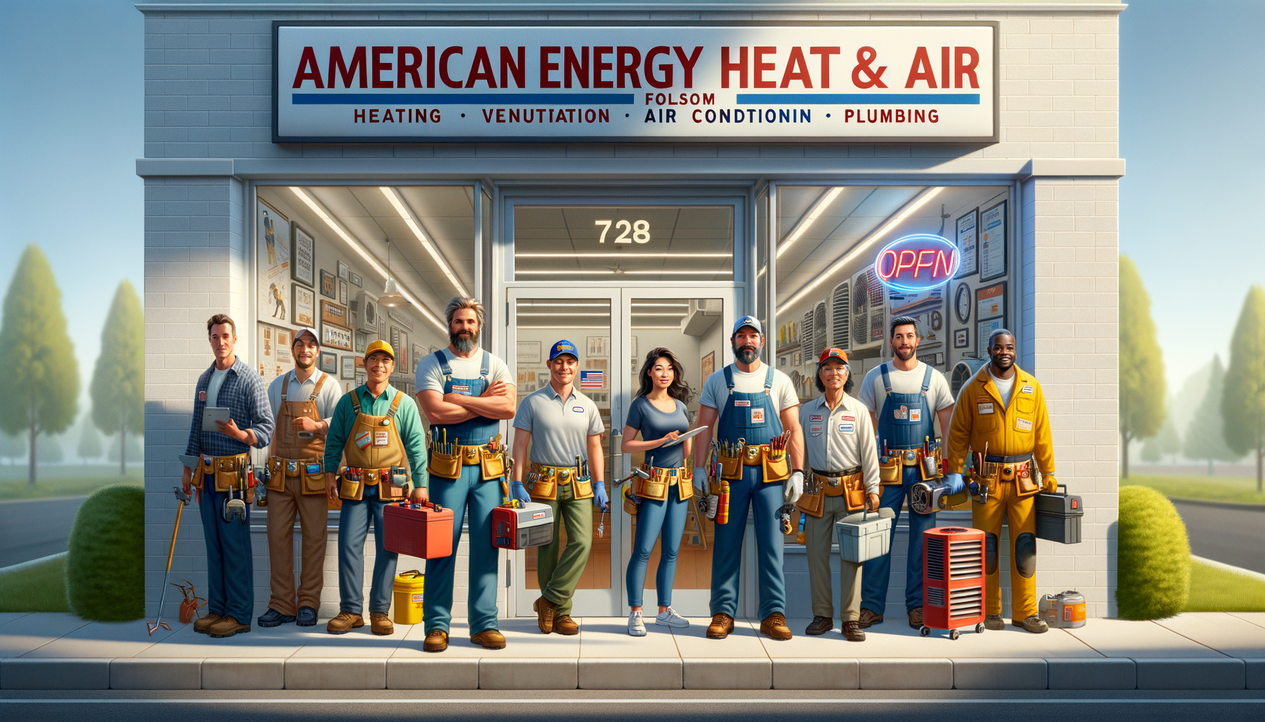 Early morning at American Energy Heat & Air in Folsom, California, with diverse workforce - technicians and plumbers - preparing for the day.