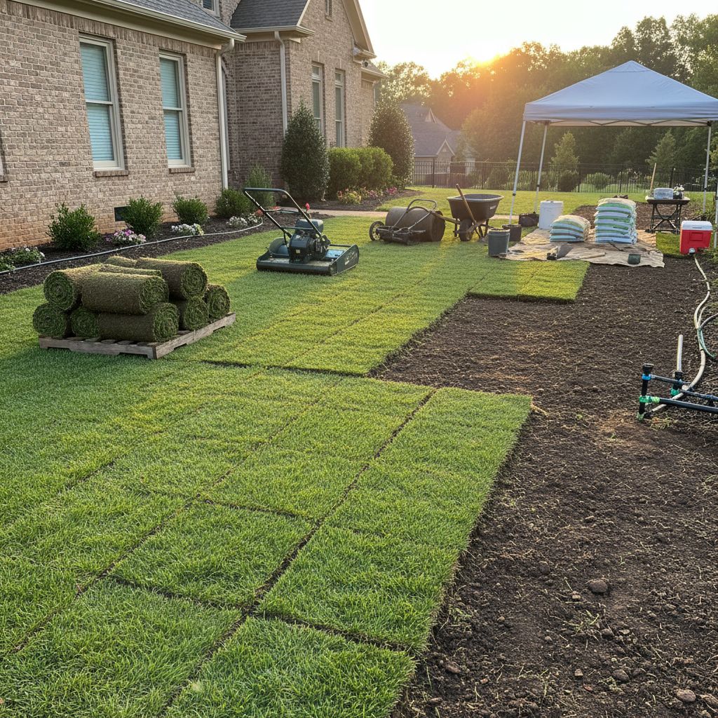 Sod installation process by Johnson Property Service in Buford, GA