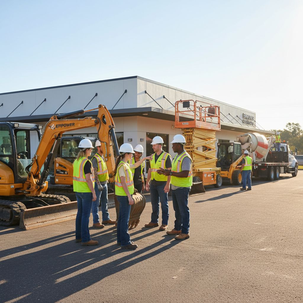 Diverse team assisting customers at Empower Rental Group equipment rental store in Tallahassee, Florida.