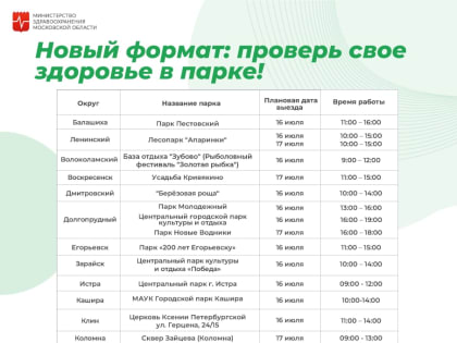 Жители Подмосковья смогут проверить свое здоровье в городских парках 16 и 17 июля