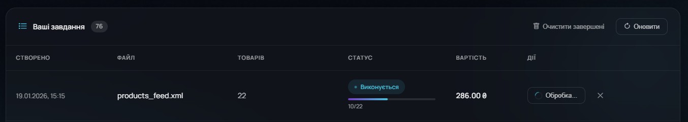 Список завдань і прогрес обробки