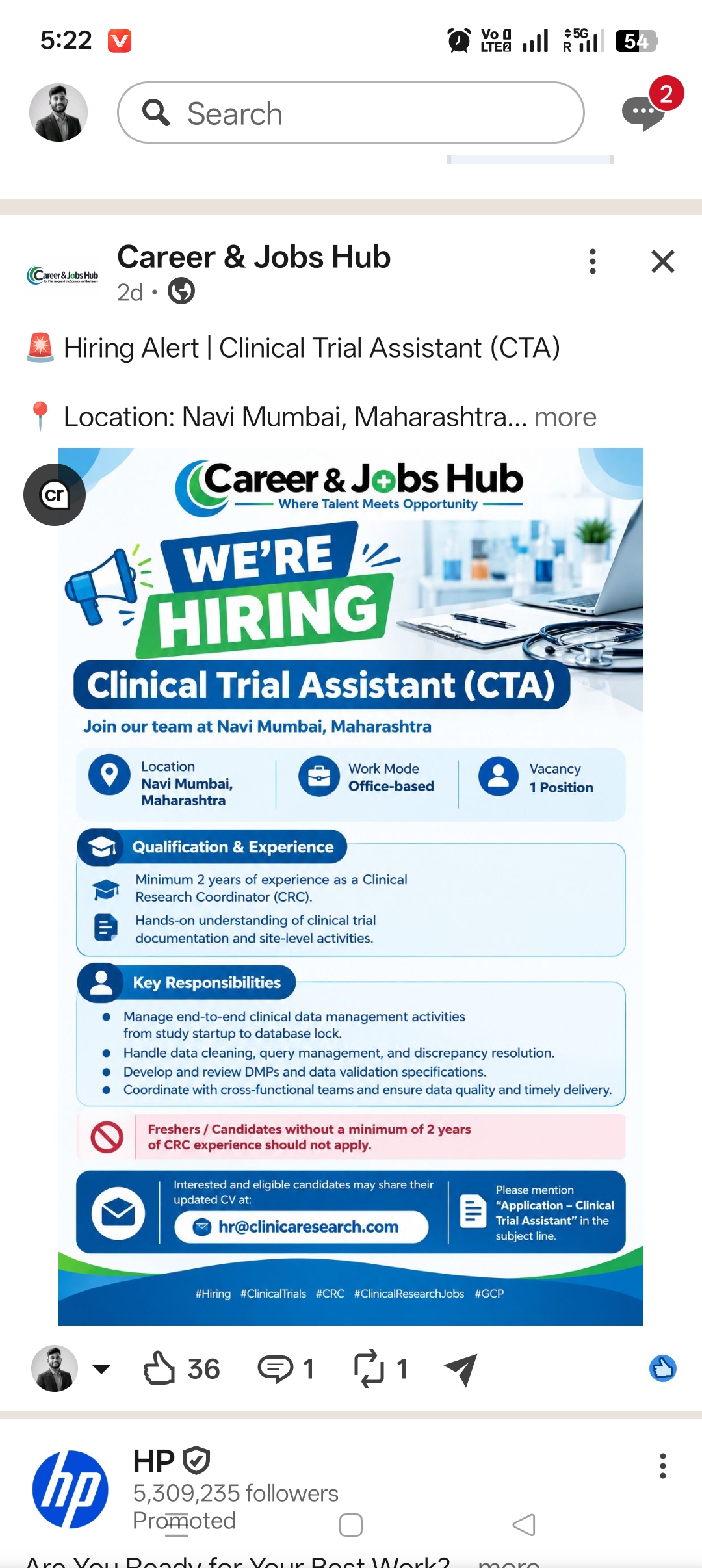 Source reference screenshot for Clinical Trial Assistant (CTA) at Career & Jobs Hub (Hiring for a Client)