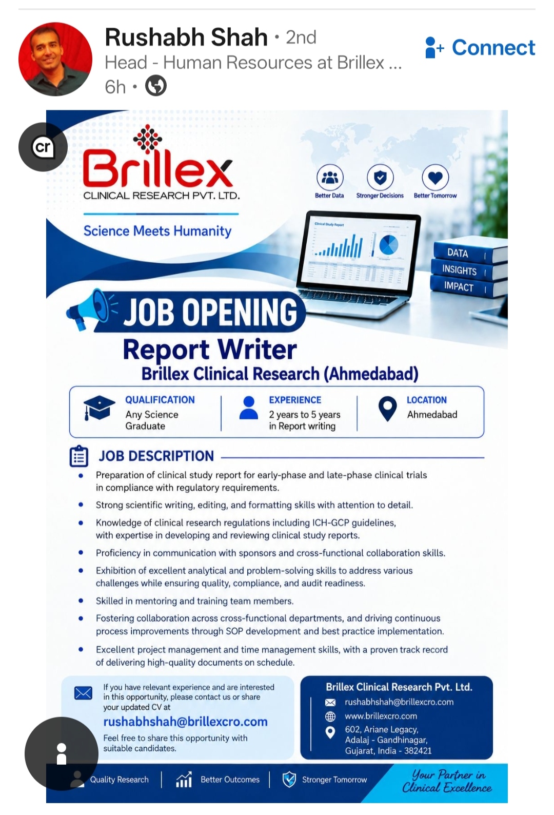 Source reference screenshot for Report Writer, Clinical Research (Ahmedabad) at Brillex Clinical Research Pvt. Ltd.