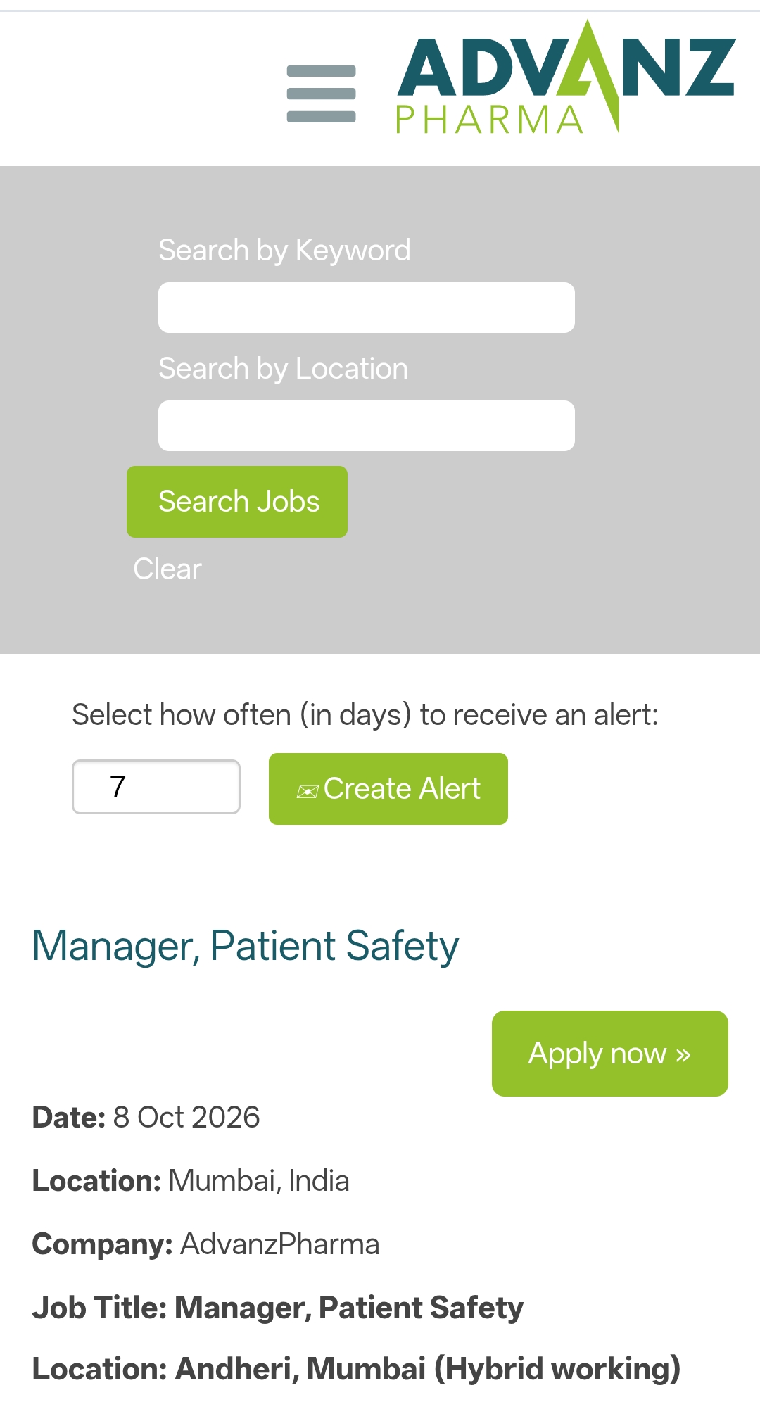 Source reference screenshot for Manager, Patient Safety at AdvanzPharma