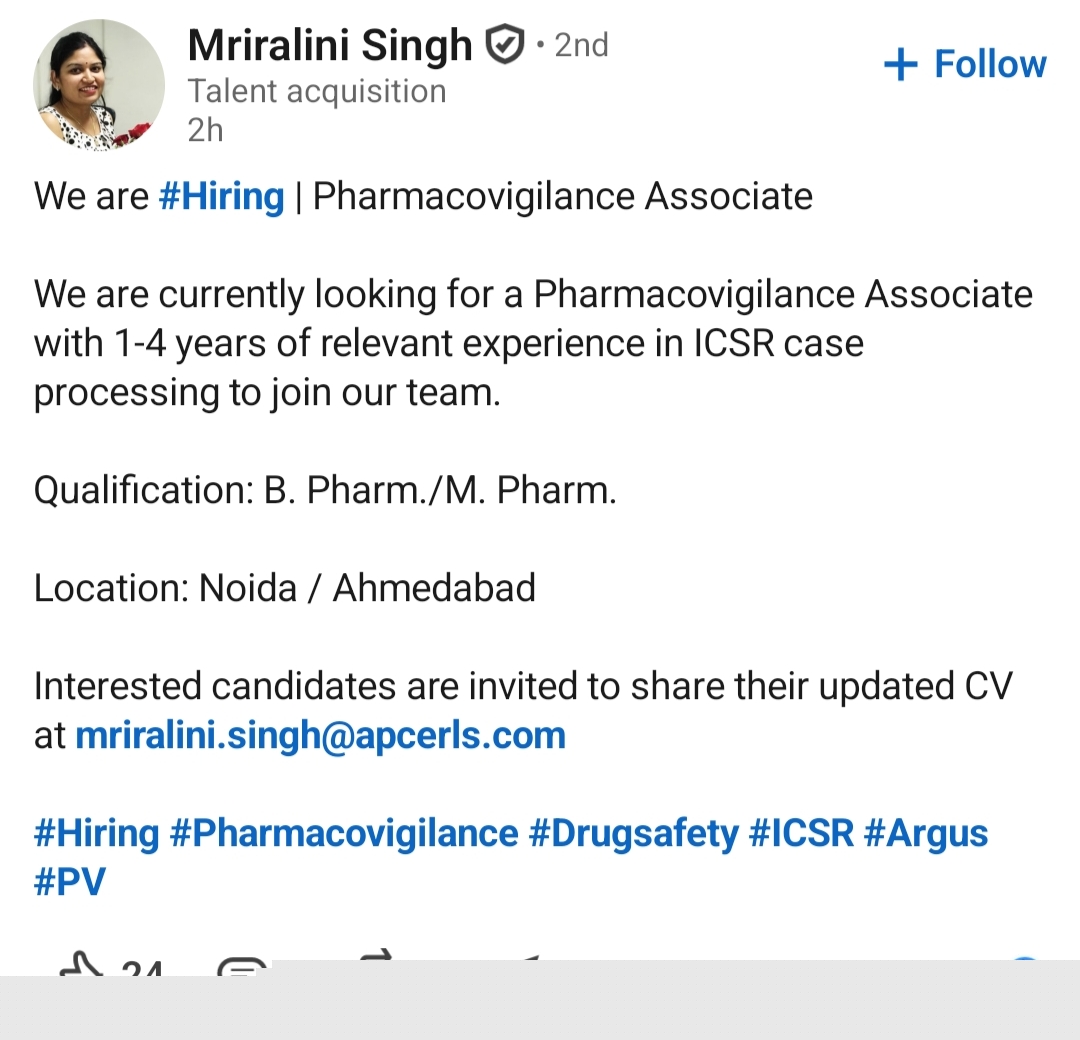 Source reference screenshot for Pharmacovigilance Associate at APCER Life Sciences