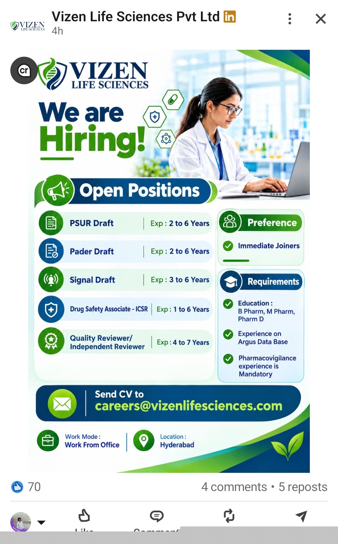 Source reference screenshot for Drug Safety Associate - ICSR at Vizen Life Sciences Pvt Ltd