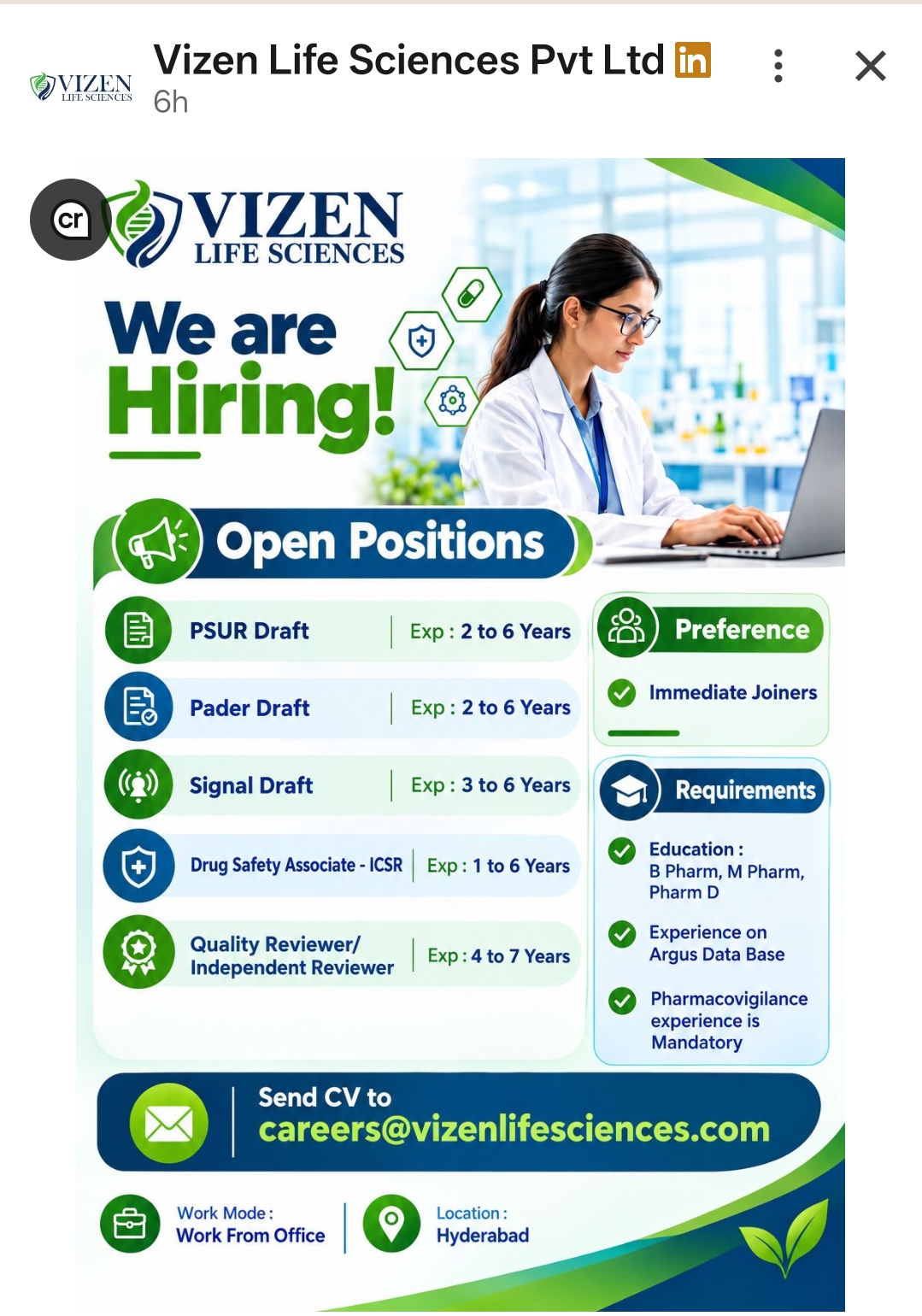Source reference screenshot for Pharmacovigilance Specialist, Drug Safety Associate (PSUR, PADER, Signal Detection, ICSR, Quality Reviewer) at Vizen Life Sciences Pvt Ltd