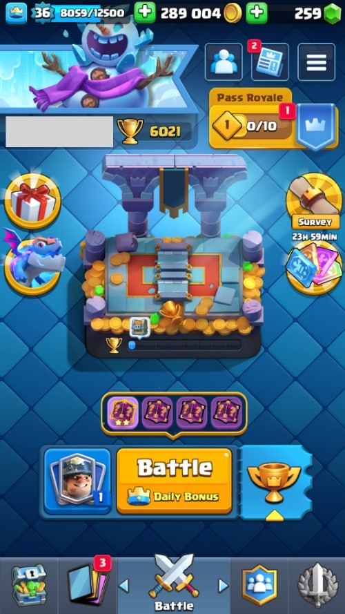 Clash Royale Account (IOS/Android) – Level 36 | Kings Tower 12 | 6021 Trophies | 108 Cards | 38 Emotes | 259 Gems | 289,000 Gold