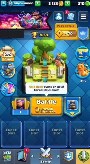 Clash Royale Account (IOS/Android) – Level 53 | Kings Tower 14 | 7659 Trophies | 115 Cards | 50 Emotes | 210 Gems | 3,000 Gold