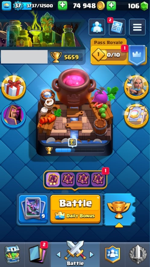 Clash Royale Account (IOS/Android) – Level 37 | Kings Tower 12 | 5659 Trophies | 109 Cards | 14 Emotes | 106 Gems | 74,000 Gold