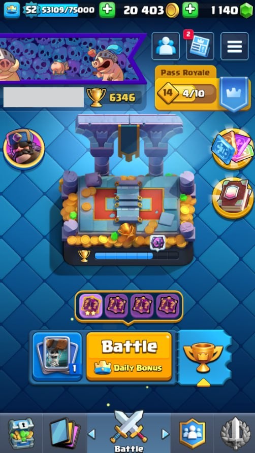 Clash Royale Account (IOS/Android) – Level 52 | Kings Tower 14 | 6346 Trophies | 116 Cards | 45 Emotes | 1140 Gems | 20,000 Gold