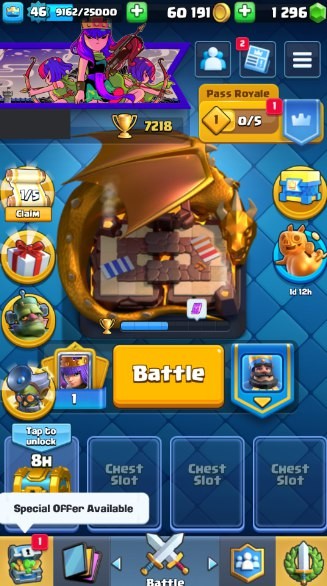 Clash Royale Account (IOS/Android) – Level 46 | Kings Tower 14 | 7218 Trophies | 109 Cards | 44 Emotes | 1296 Gems | 60,000 Gold